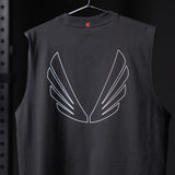 Black Tech Essential Relaxed Cutoff tank with white outline wing graphic, back view on hanger