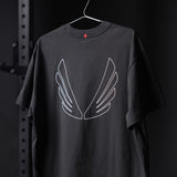 Black Tech Essential Relaxed Tee with white wing outline design on hanger