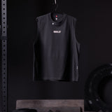 Black Tech Essential Relaxed Cutoff sleeveless tank top on hanger, front view