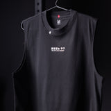 Black Tech Essential Relaxed Cutoff sleeveless tank on hanger, front view