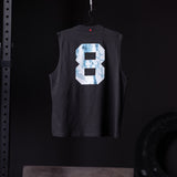 Black Tech Essential Relaxed Cutoff vest with marble 8 graphic, back view on hanger