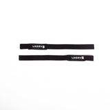 flatlay Padded Lifting Straps in black, pair displayed on white background