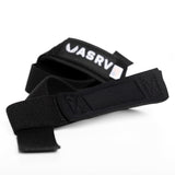 flatlay of black padded lifting straps with ASRV branding, overhead view