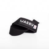 flatlay of black padded lifting straps with ASRV branding, angled view on white background