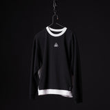Black Terry Crew Neck sweatshirt with white trim displayed on hanger against dark background
