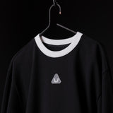 Black Terry Crew Neck sweatshirt with white ribbed neckline on hanger against black background