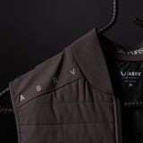 SP'23 Waterproof Run Vest in charcoal gray, displayed on hanger showing front detail