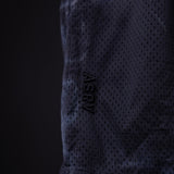 SM'21 Tie Dye Mesh Liner Short in navy, detail shot of fabric and ASRV logo
