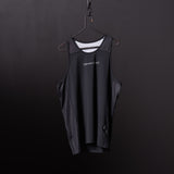 Black singlet tank on hanger against dark background, front view