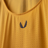SM'24 Singlet Tank in gold being worn, showing perforated fabric and logo detail