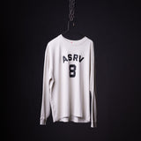ASRV graphic long-sleeve shirt in cream with black 'ASRV 8' design, displayed on hanger
