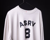 ASRV number 8 graphic long sleeve tee in white, displayed on hanger