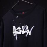 Black graphic t-shirt with white 'ASRV' logo print, hanging on hanger