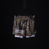 flatlay Training Division mesh shorts in camo and white, front view hanging on chain