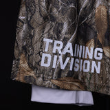 FA'23 Training Division mesh shorts in camo, detail shot of waistband and fabric texture