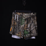 flatlay Training Division Mesh Shorts in camo with white underlay, front view