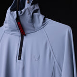 WN'22 Thermal Training Hoodie in light blue on a model, detail view of neckline and logo