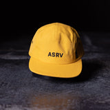 flatlay ASRV SM'24 5-Panel Run Cap in yellow, front view