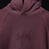 FA'19 Reverse Weave Hoodie in burgundy, worn with drawstring detail visible