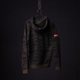 WN'19 RainPlus® Hoodie in black camo, displayed on hanger against dark background