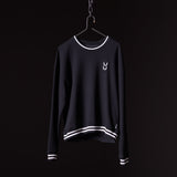 Navy crew neck sweatshirt with white stripe trim on hanger against black background