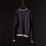 Black crew neck sweatshirt with white stripe trim, displayed on hanger against dark background