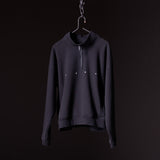 Navy quarter zip sweatshirt on hanger against black background, front view