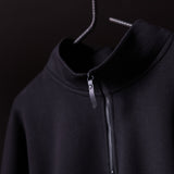 Black quarter zip hoodie on hanger, showing front neckline and zipper detail