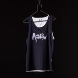 SM'23 Mesh Reversible Pinnie in black with white mesh lining, displayed on hanger