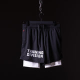 flatlay FA'23 Training Division Mesh Shorts in black and white, front view on hanger