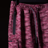 Brushed camo cargo jogger in burgundy, detail shot of pocket and drawstring