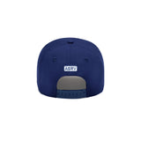 flatlay New Era 9Forty A-Frame Hat in deep blue with white ASRV logo, back view