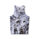 flatlay Laser-Vent Singlet Tank in white/grey with black camo print, front view