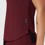 Laser-Vent Established Tee in crimson worn by model, side view detail