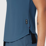 Laser-Vent Established Tee in storm blue, worn by model showing side view and fit