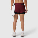 Tetra-Lite® Liner Short in crimson with black inner shorts, worn by model from behind