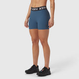 W027 Lycra Ribbed Short in storm blue, modeled with black sneakers, front view