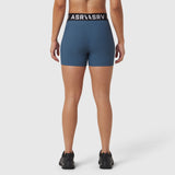 W027 Lycra Ribbed Short in storm blue, worn by model shown from behind