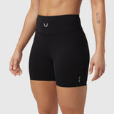 Black LYCRA® ADAPTIV Biker Short worn by model, front view