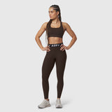W071 Lycra Ribbed Legging in dark earth, worn by model in sports bra, front pose
