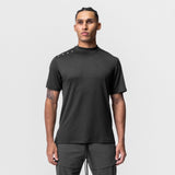 Black Core Mock Neck Tee worn by model, front view