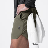 Tetra-Lite 5" Linerless Short in olive, worn with white towel draped over shoulder