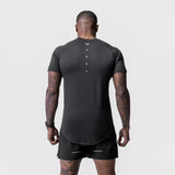 Black Core Mesh Established Tee worn by model, back view showing vertical ASRV branding