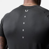 Core Mesh Established Tee in black, back view on model showing vertical ASRV branding