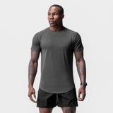 Core Mesh Established Tee in space grey worn by model with black shorts, front view