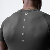 Core Mesh Established Tee in space grey, back view on model showing vertical ASRV branding