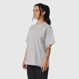 Distressed Relaxed Tee in Heather Grey worn by model, side profile view