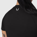 AeroSilver® Cropped Tee in black worn by model, back view showing winged logo