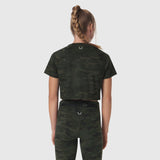 AeroSilver® Cropped Tee in Dark Camo worn by model, back view
