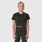 AeroSilver® Cropped Tee in dark camo worn by model, front view